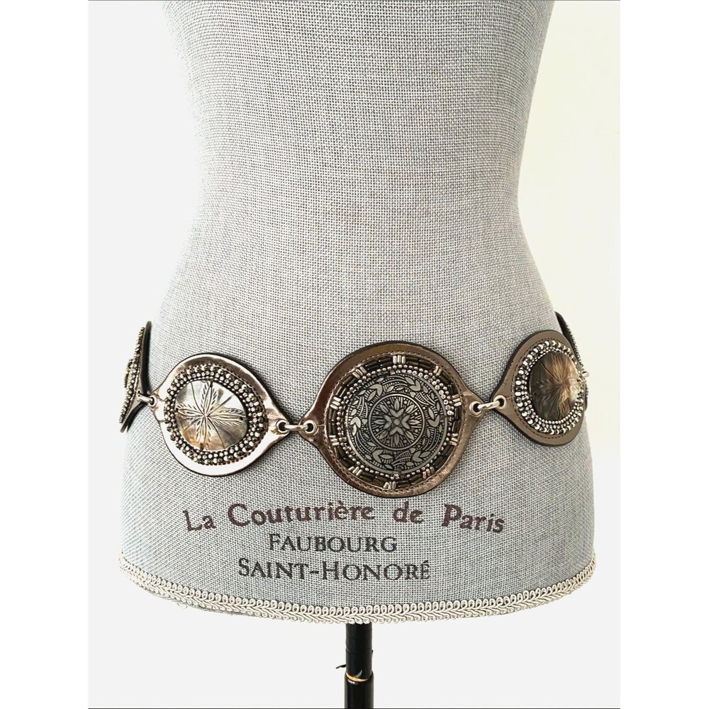 Chico's Medallion Runway Metal & Leather Belt OS Silver Tone Chains Boho Chic